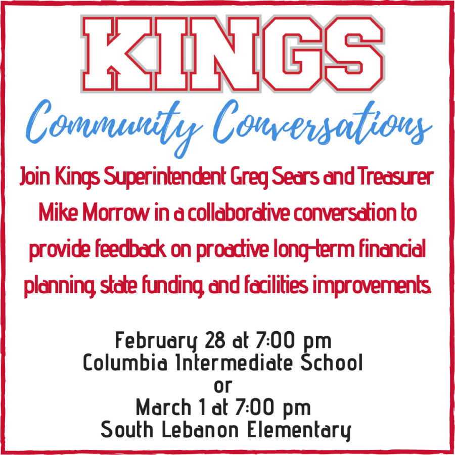 Community Conversations on Fiscal Planning. February 28 at CIS and March 1 at SLE both at 7pm.